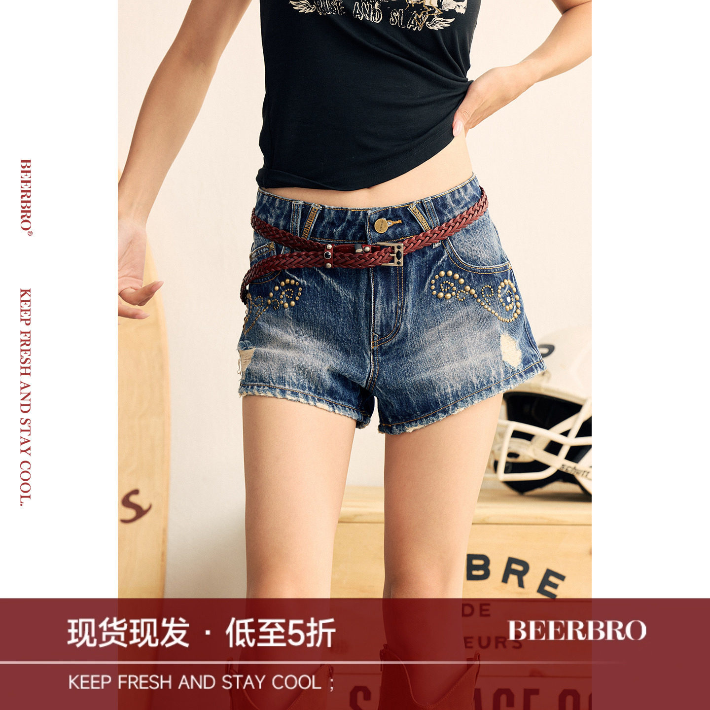 BeerBro『狂欢音乐节』辣妹夏季水洗铆钉烫钻中低腰牛仔短裤图片