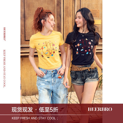 BeerBro『松弛街头』甜酷辣妹可爱贴纸苹果立体绣花短款短袖T恤女