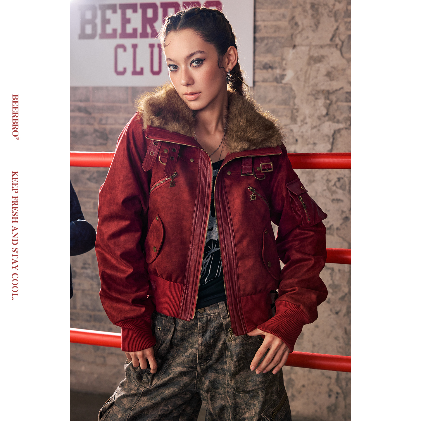 BeerBro『暴力美学 』包容性强麂皮拼接金属秋冬加厚皮衣棉服外套