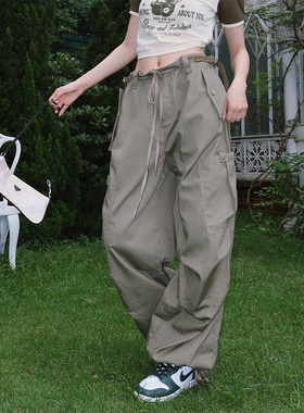BeerBro 美式复古街头辣妹绿色工装裤女设计感降落伞裤束脚休闲裤
