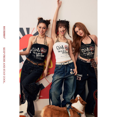 BeerBro『狂欢音乐节』美式街头辣妹豹纹迷彩显瘦假两件抹胸吊带