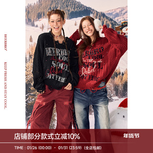 BeerBro『反叛假日』柔软羊毛辣妹印花烫钻宽松显瘦红色圣诞毛衣