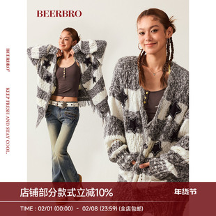 BeerBro『新启旅途』休闲贴布星星条纹流苏设计宽松毛衣大外套