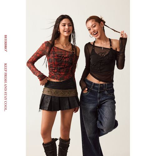 BeerBro『新启旅途』辣妹春季修身植绒绣花网纱两件套长袖上衣