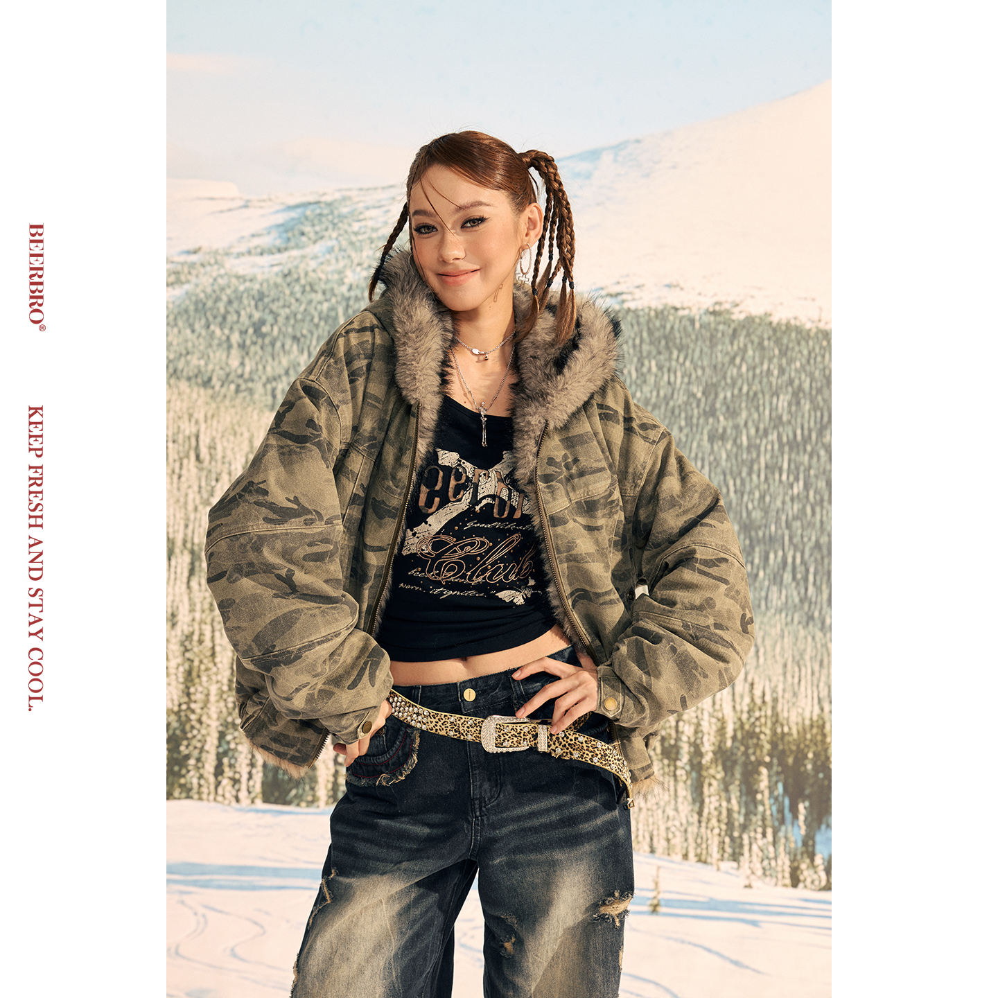 BeerBro『反叛竞技社』精选全棉街头辣妹洗水迷彩毛领棉服外套