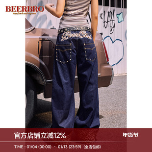 BeerBro 美式复古宽松豹纹翻折重工刺绣牛仔裤女显瘦阔腿垂感长裤
