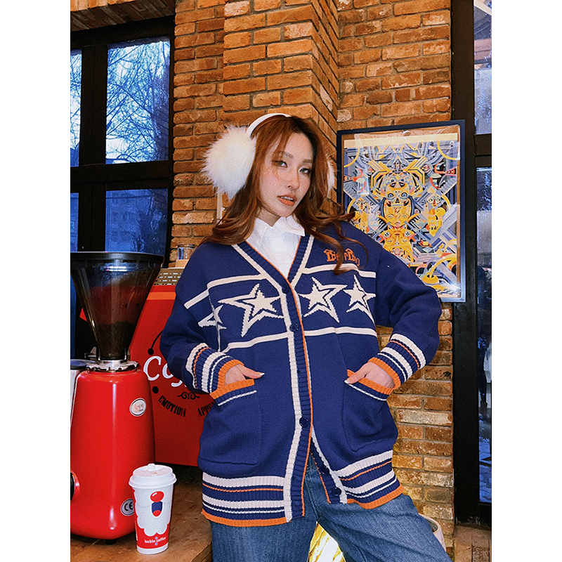 美式复古V领针织开衫毛衣