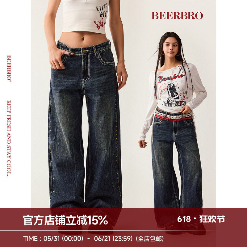 BeerBro『新启旅途』后幅翅膀印花烫钉宽松显瘦直筒牛仔裤女