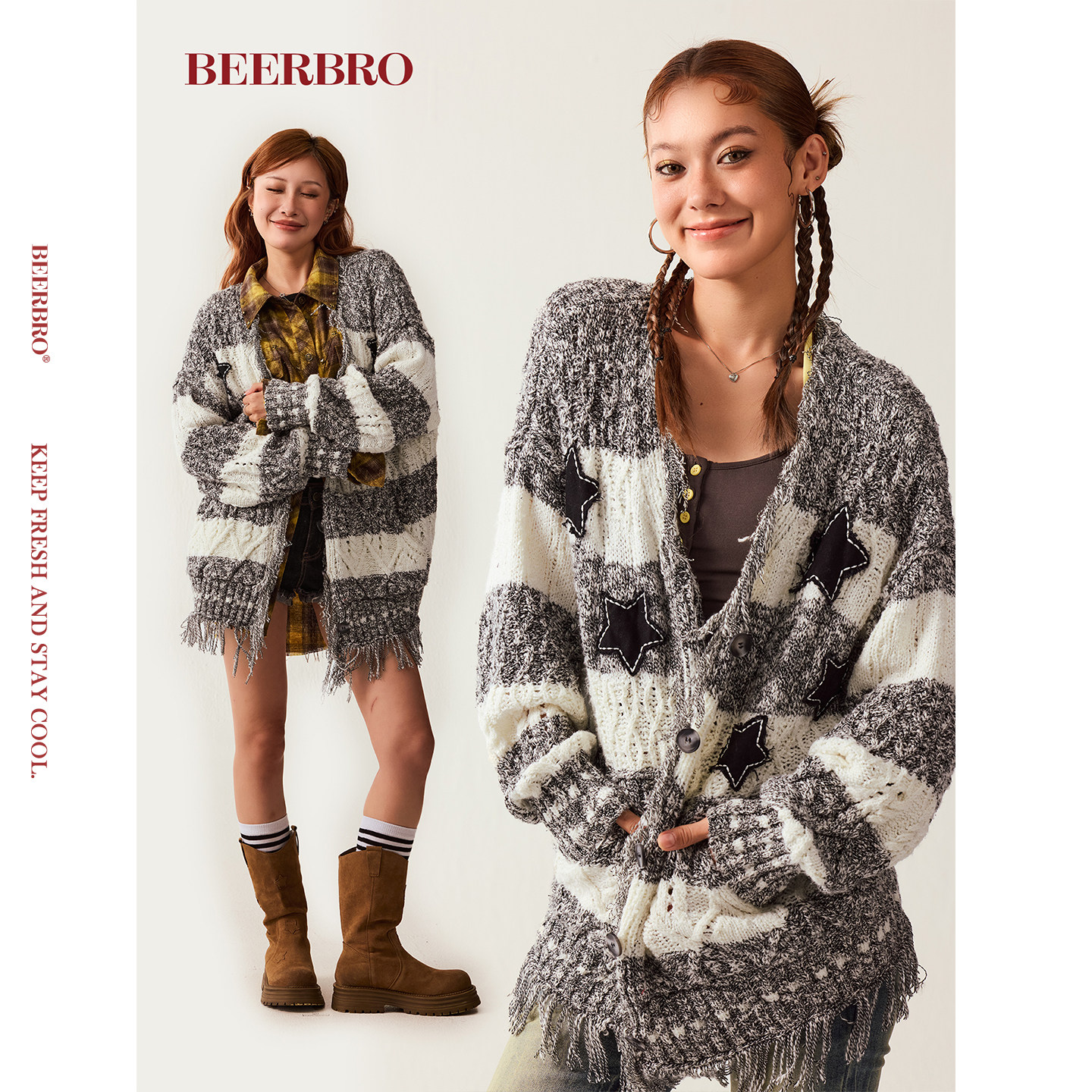 『新启旅途』贴布星星条纹流苏设计宽松毛衣外套 12/22 20:00上新