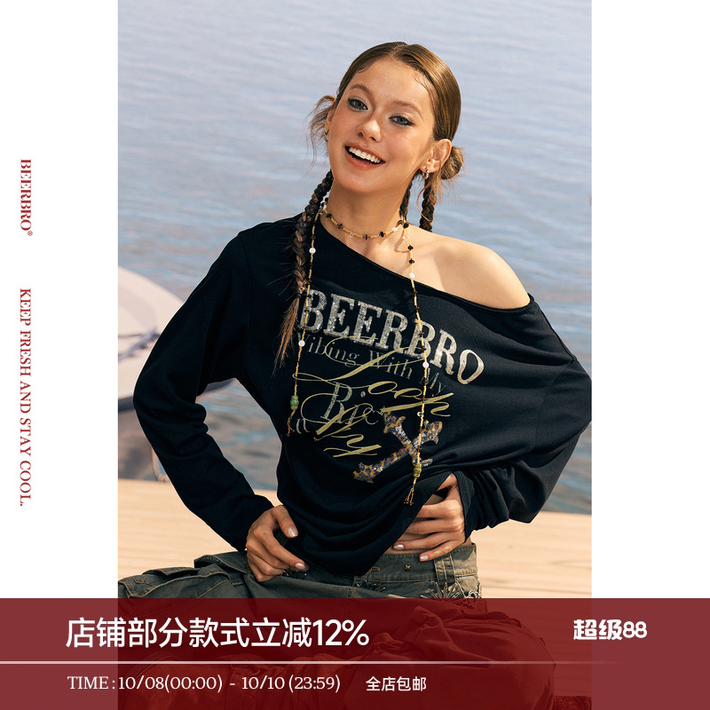 BeerBro『风帆运动社』透气性强收腰斜肩珠片绣印花长袖T恤女秋