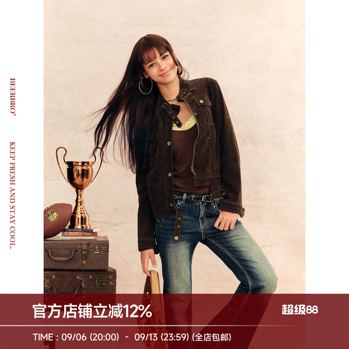 BeerBro『摇滚辣妹』复古辣妹设计感休闲百搭麂皮正肩夹克外套女图片