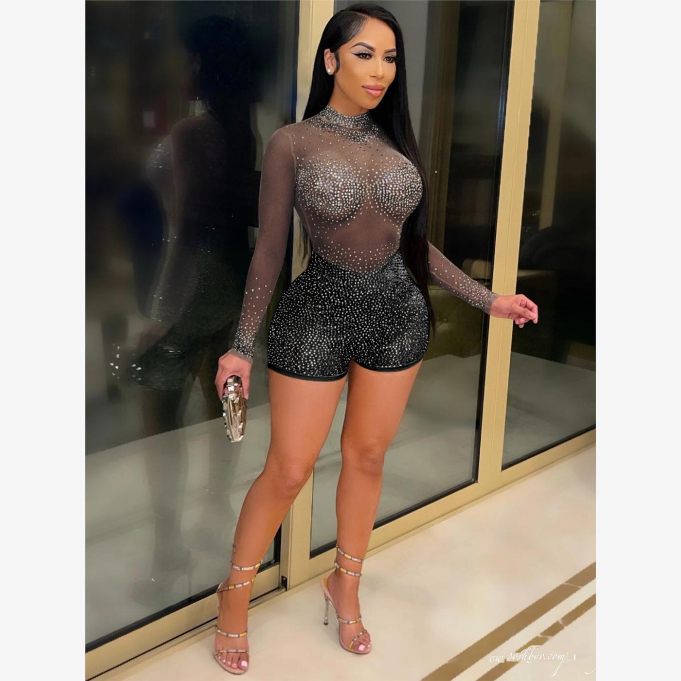 欧美夜店烫钻长袖透视连体裤女潮Nightclub perspective jumpsuit