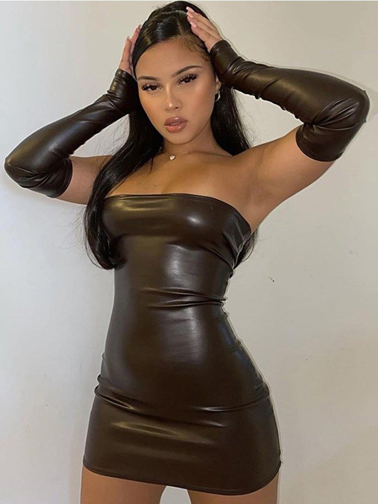 欧美女装夜性感抹胸裹胸红色连衣裙套装紧身短裙包臀裙连身裙皮裙