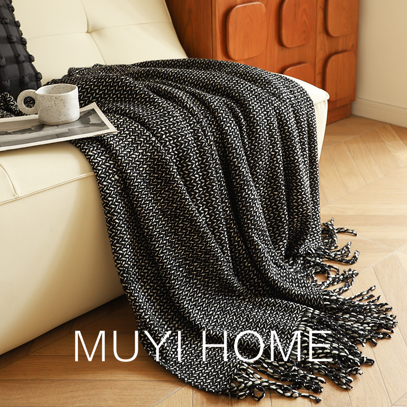 四季通用夾花麥穗針織流蘇毯