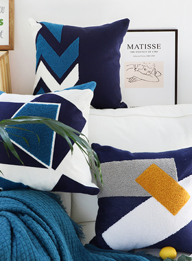 蓝色纯棉几何撞色抱枕全棉毛巾绣靠枕床上靠枕客厅沙发刺绣靠垫套