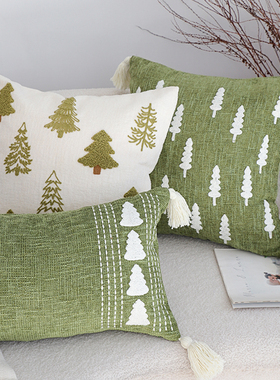 绿色圣诞树刺绣抱枕节日装饰靠枕ins风卡通客厅沙发抱枕套不含芯