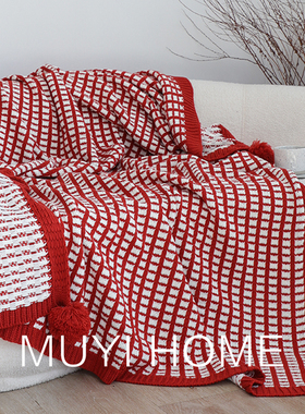圣诞红色毛球针织毯装饰毛毯新年沙发毯盖毯加厚保暖毯子休闲毯