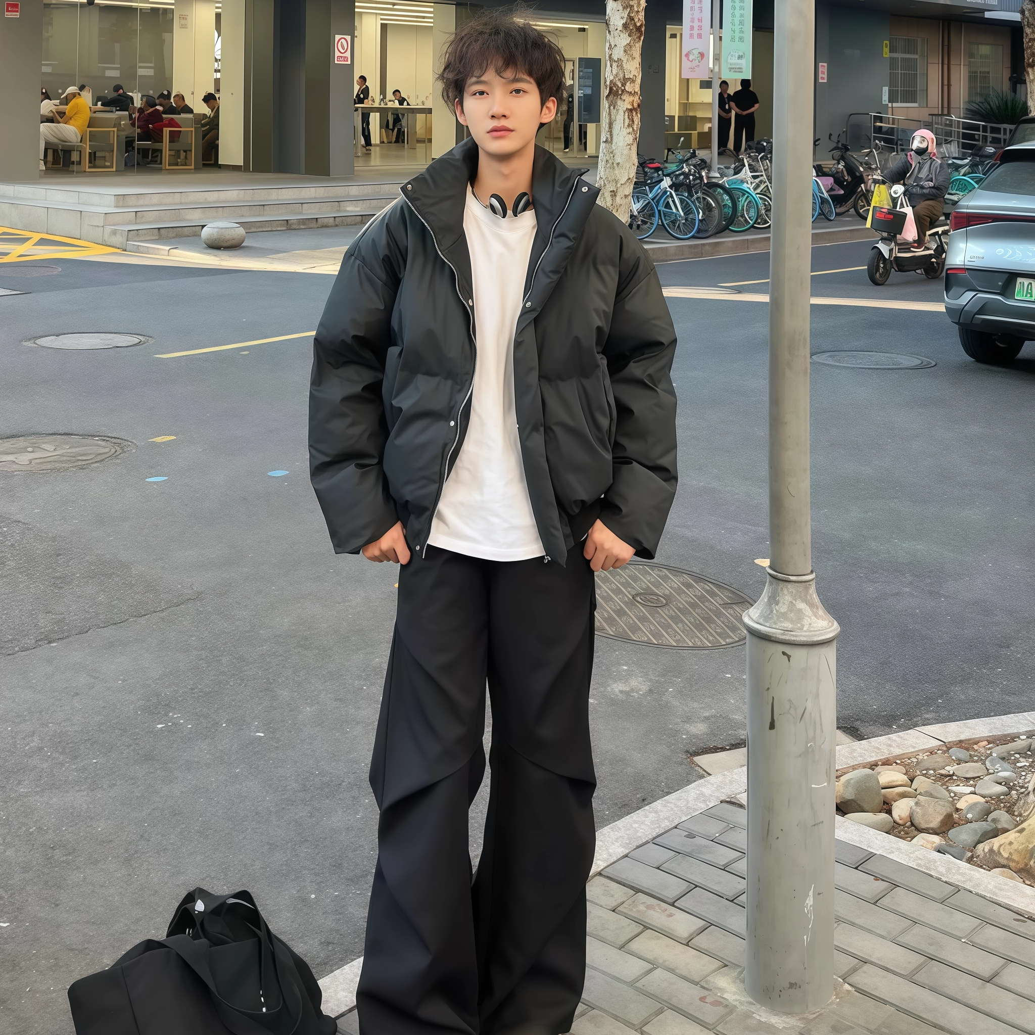 冬季PU皮防水黑色短款羽绒棉服