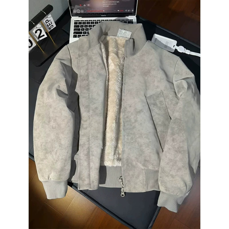 冬季雾面pu皮立领加绒羽绒棉服男款袖子加绒保暖防水免洗棉衣外套