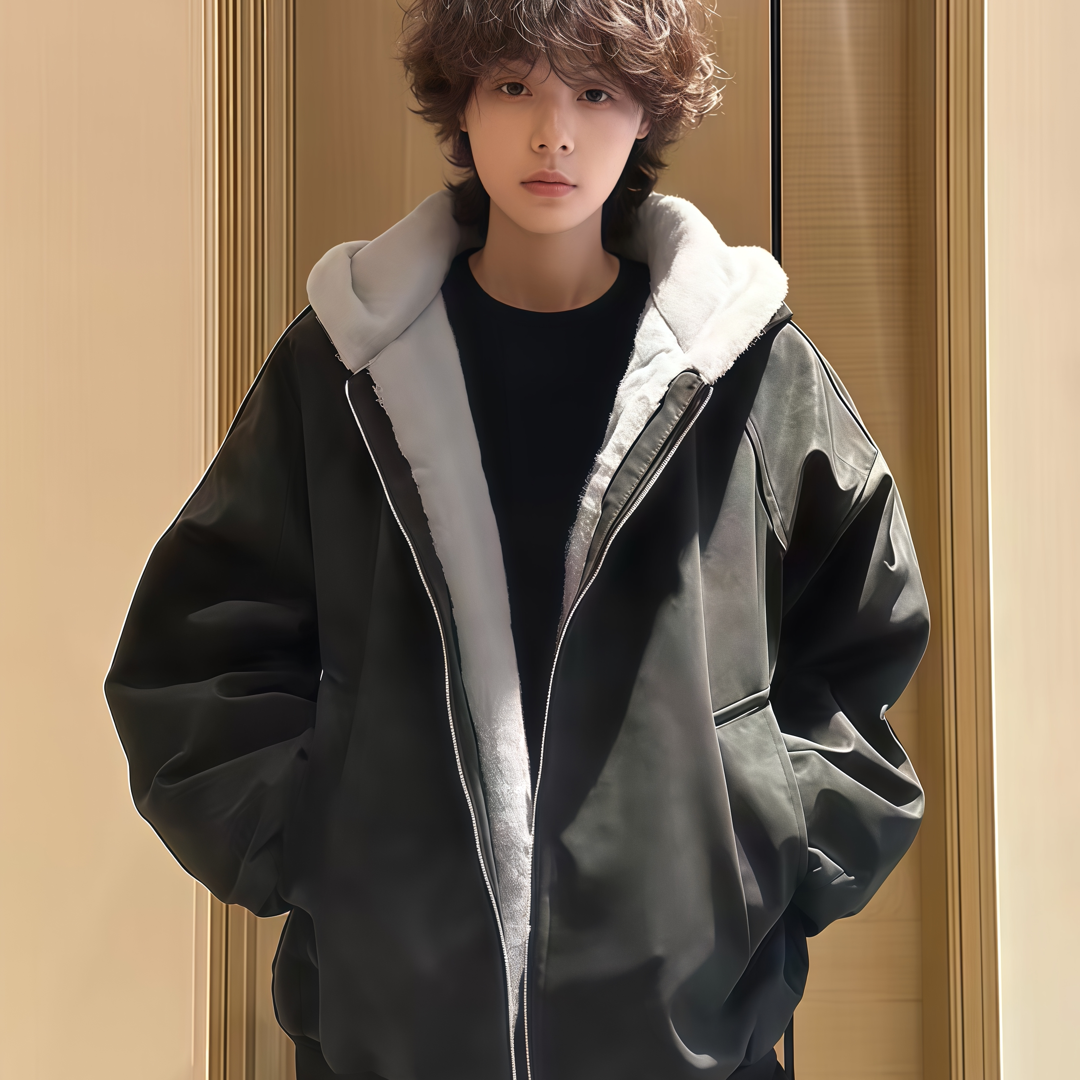 情侣荔枝纹皮连帽座山雕PU皮棉服