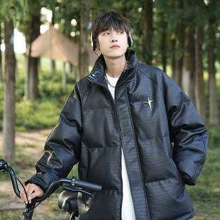cityboy情侣羽绒服冬季PU皮衣鳄鱼纹棉服ins学生立领面包服男外套