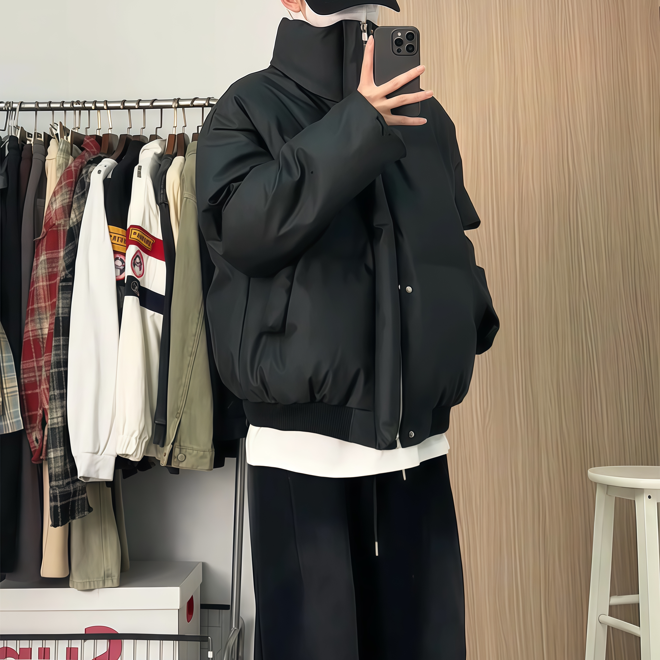 美式PU皮短款羽棉服男款冬季
