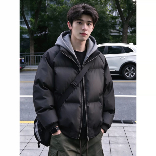 冬季羽绒棉服假两件ins潮pu皮免洗防水宽松加厚面包服保暖外套男
