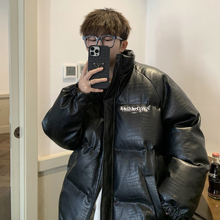 冬季 情侣鳄鱼纹羽绒服ins潮免洗PU立领皮衣面包服男棉服外套 韩式