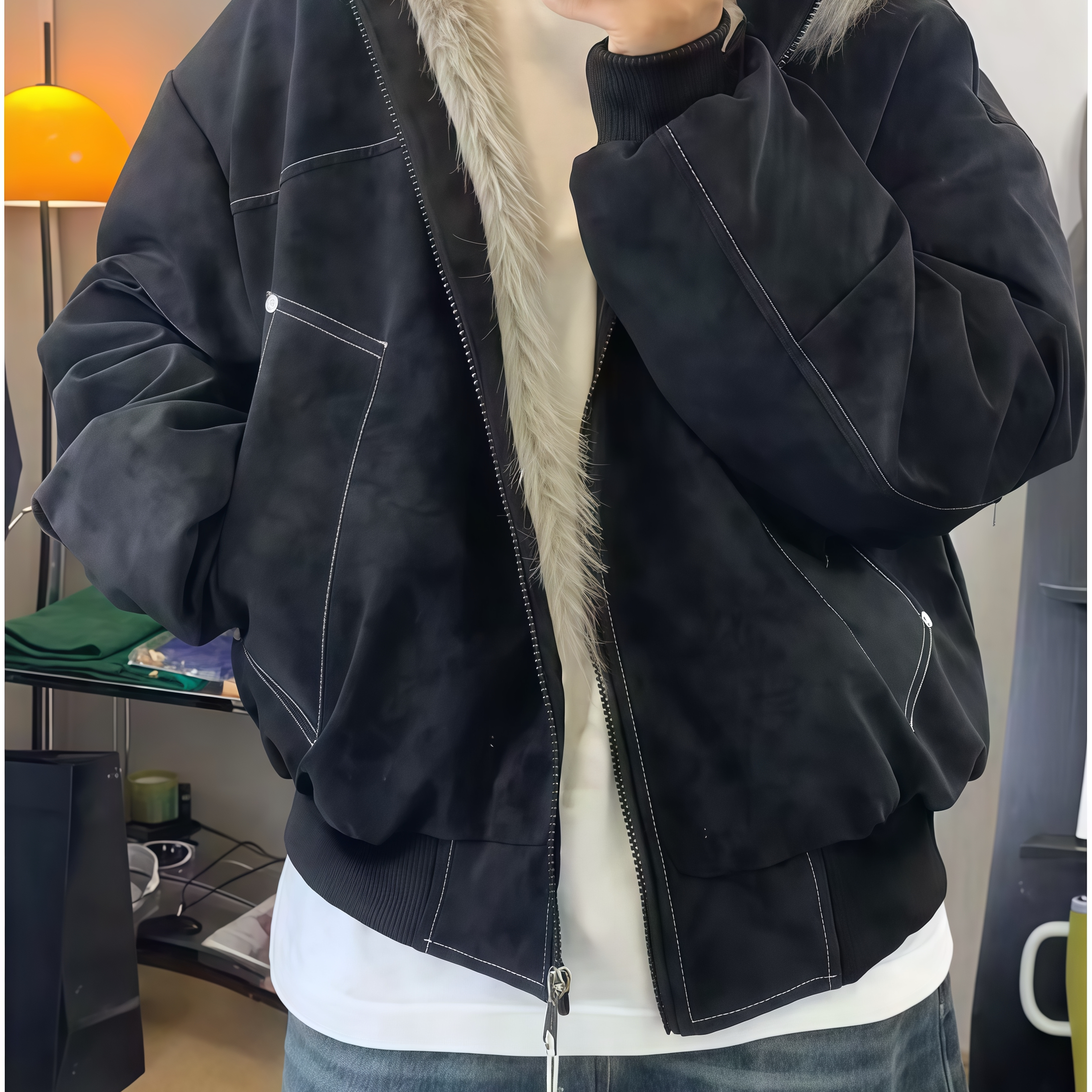 冬季情侣PU皮连帽短款座山雕棉服