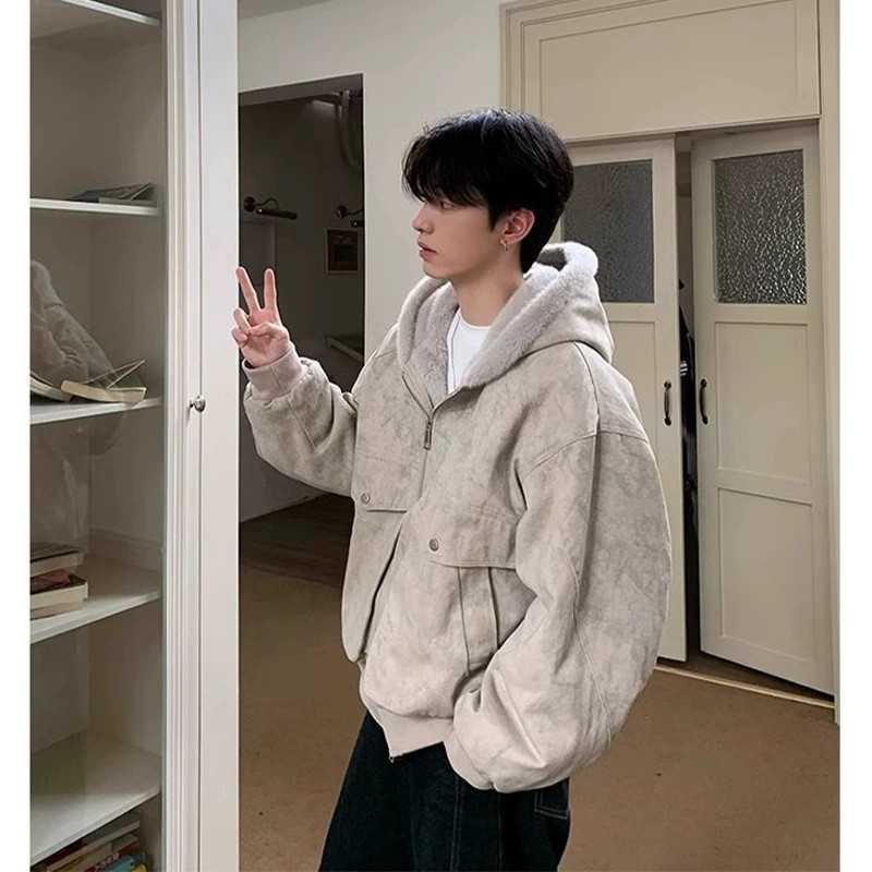 冬季加绒连帽羽绒棉服男款复古