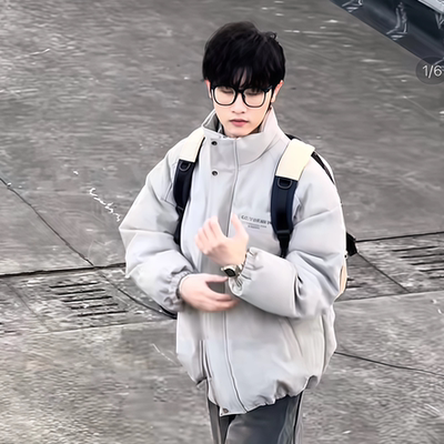 港风PU皮宽松立领情侣羽绒棉服