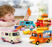 儿童趣味快餐车磁力感应音乐玩具合金车模型小吃车汉堡水果过家家