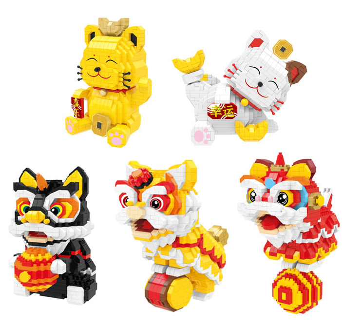 拼装积木玩具儿童醒狮招财猫模型