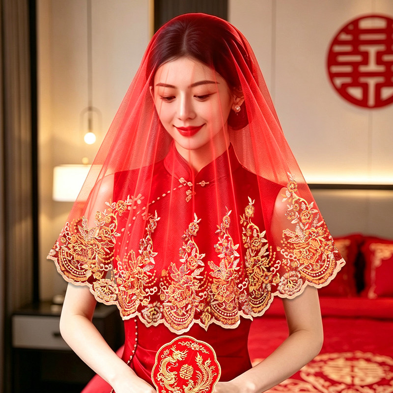 新娘红盖头结婚刺绣半透明网纱头纱红色秀禾服新中式婚礼蒙头纱巾图片
