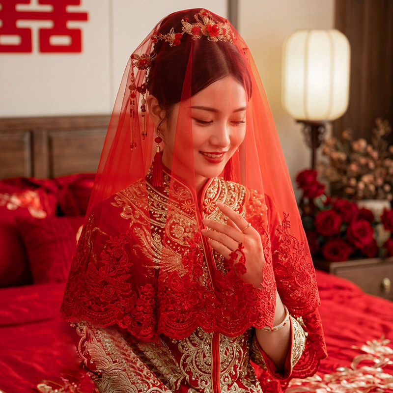 新娘红盖头中式秀禾服头饰刺绣喜字半透明网纱出嫁蒙头纱巾婚礼品图片