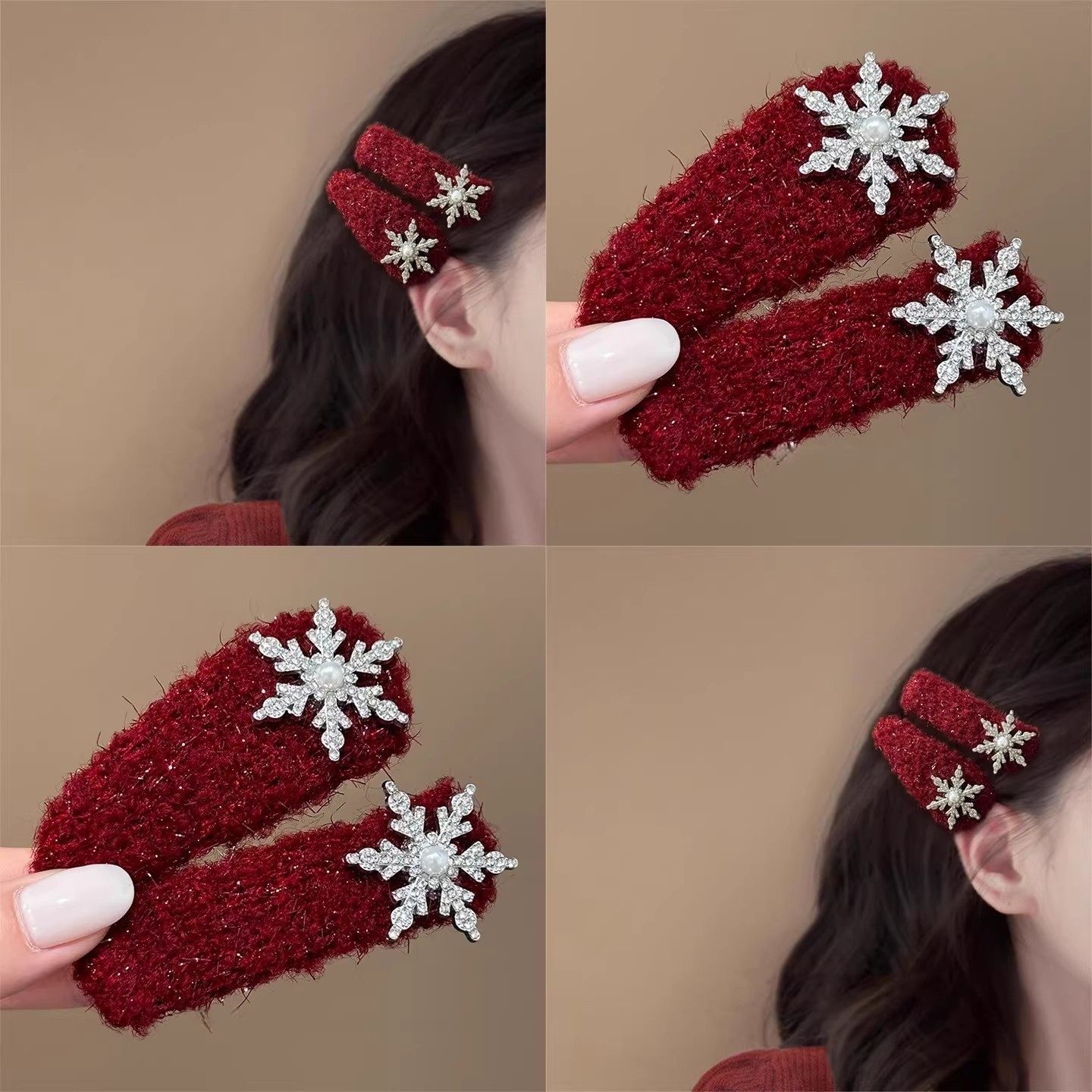 2025新款红色雪花发夹圣诞氛围感水钻边夹刘海侧边夹碎发夹子头饰