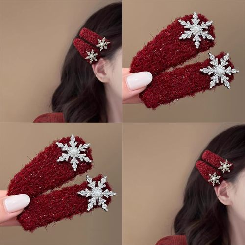 2025新款红色雪花发夹圣诞氛围感水钻边夹刘海侧边夹碎发夹子头饰