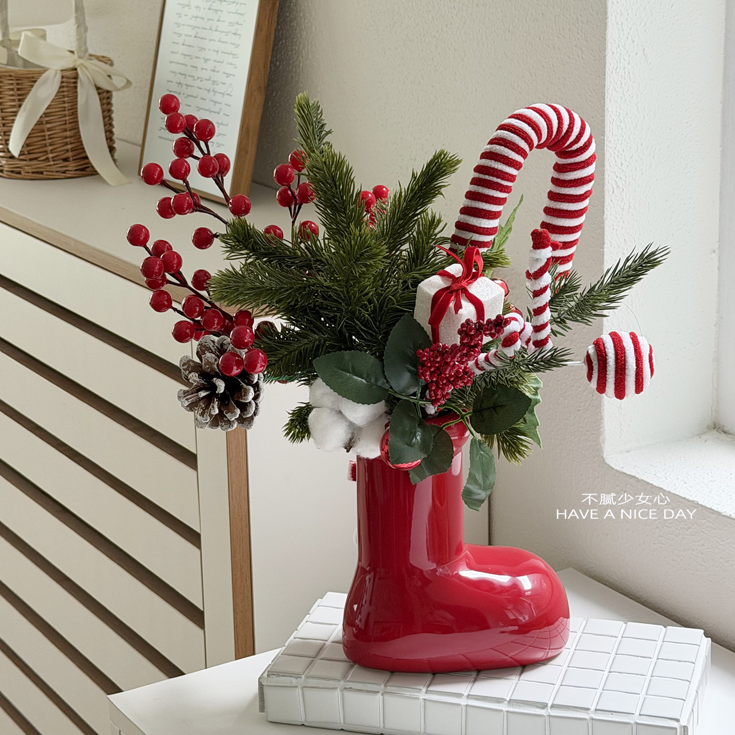 圣诞节装饰仿真花假花小众创意小红靴陶瓷花瓶装饰摆件氛围感布置,节庆用品/礼品,圣诞装饰品,淘宝优惠券,粉丝福利购,淘宝优惠卷