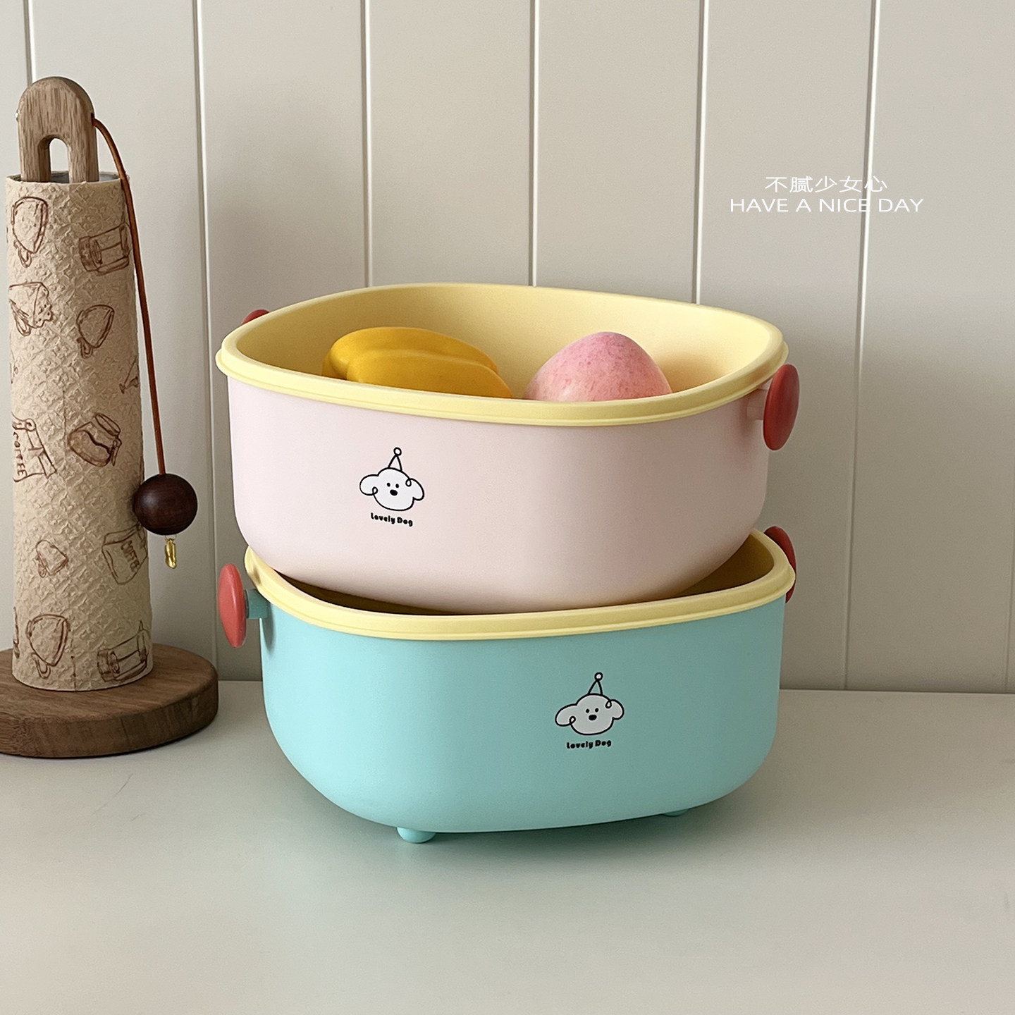 奶油风卡通印花双色洗菜洗水果大容量可爱宿舍厨房收纳筐沥水篮,餐饮具,洗菜盆/沥水篮/漏水筛,淘宝优惠券,粉丝福利购,淘宝优惠卷