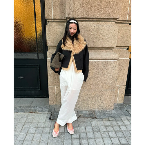 ASSAULT aw25深灰色拼接皮草毛呢外套女冬季宽松短上衣