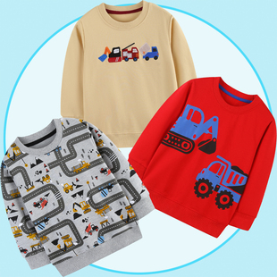 挖掘机男童红色薄款卫衣纯棉卡通不加绒泥土车春秋冬儿童上衣内搭