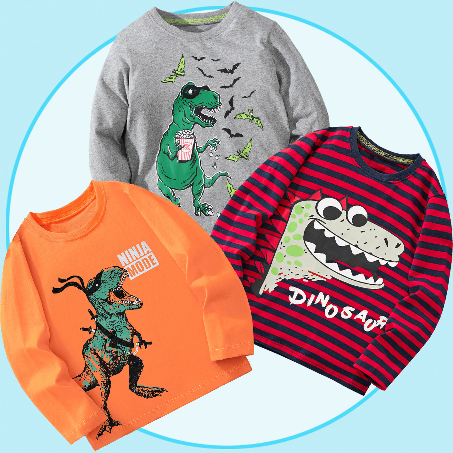 恐龙外穿打底衫春秋纯棉不起球霸王龙红色衣服小男童条纹长袖T恤