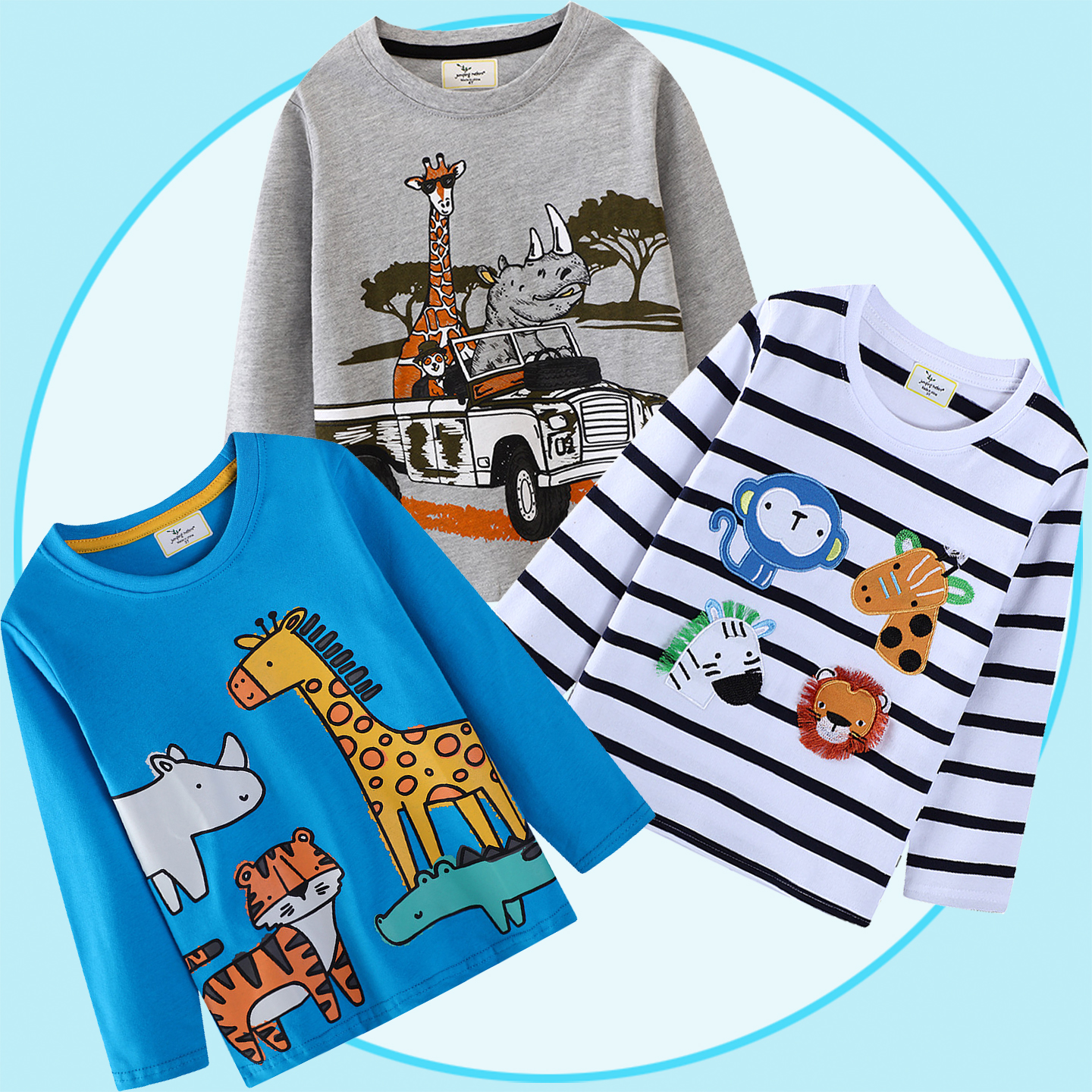 小动物T恤男童外穿秋衣纯棉薄款长袖长颈鹿老虎狮子犀牛初秋上衣