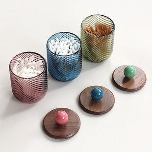 胡桃木盖玻璃棉签收纳盒棉棒牙签牙线罐高颜值创意多巴胺家居摆件