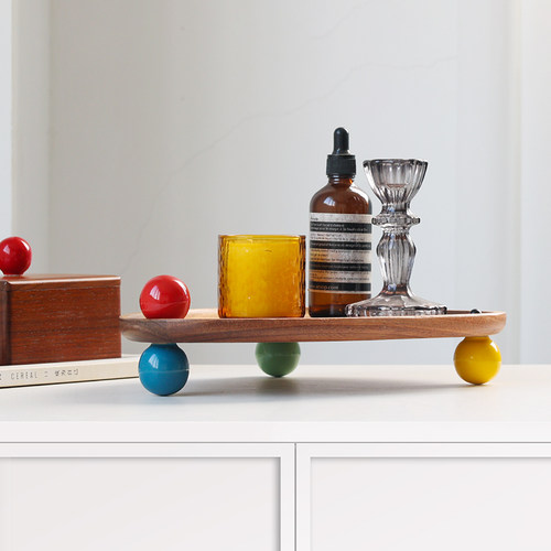 纯实木玄关钥匙香水香薰摆件蜡烛托盘水杯化妆品收纳架高档多巴胺