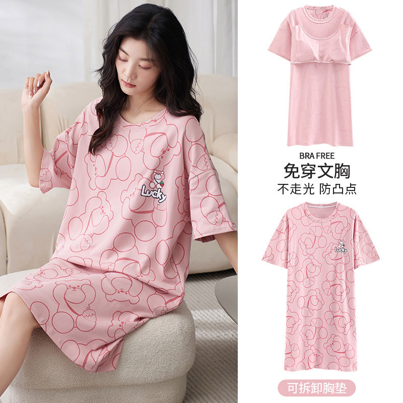 유방 패드가있는 여성을위한 여름 잠옷 2024 새로운 대형 인터넷 연예인 스타일 부드러운 임산부 여성 여름을위한 순수 코튼 여성 잠옷