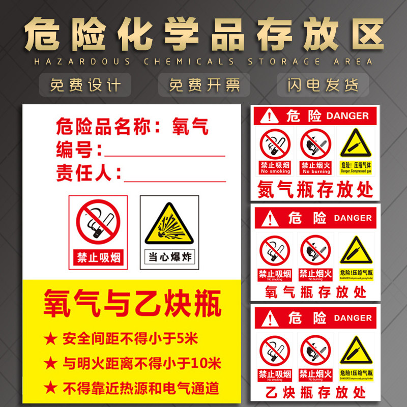 危险化学品存放区仓库标识标志警示制度牌子乙炔氧气安全存放安全生产