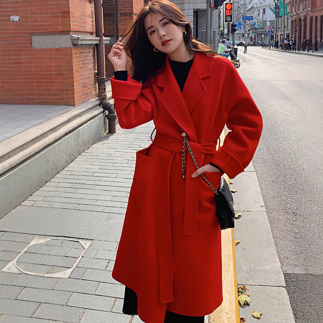 红色新婚本命年毛呢外套冬装呢装韩系浴袍款羊毛大衣女中长款