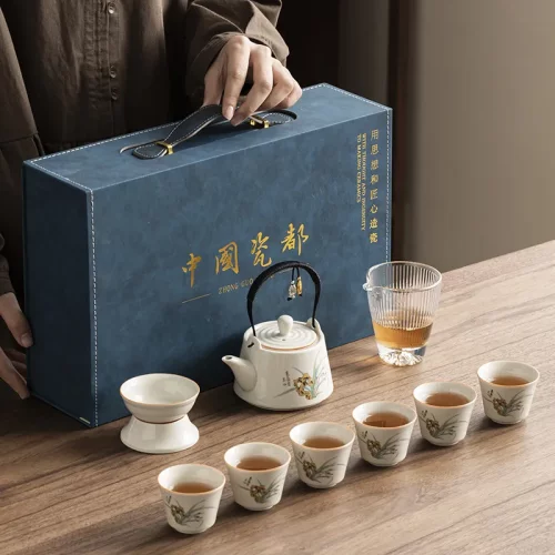 新款高档提梁壶草木灰茶具套装整套功夫茶具礼盒装商务礼品定制