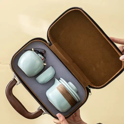 天青汝窑快客杯陶瓷家用泡茶套装旅行户外露营便携功夫茶具收纳包